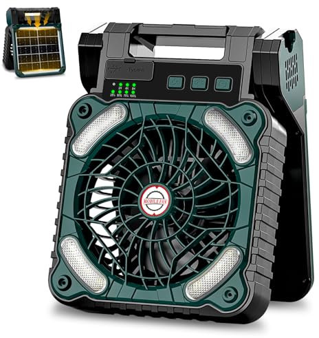 Sendowtek Solarstrom Ventilator Batterie & Solarstrom Camping Ventilator mit 10400mAh Typ-C-Eingang USB-Ausgang Leiser Tischlüfter Zeltventilator mit LED-Leuchten für Outdoor Reisen Zuhause Büros