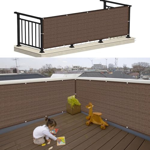 Brise Vue Balcon Exterieur 140 x 175 cm Revêtement et Pare Vue de Balcon Couverture de Confidentialité avec Attaches de Câble et Cordons pour Patio Extérieur Clôtures, ‎Marron