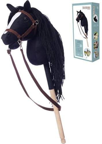 HOPPIHORSE Steckenpferd mit Trense - A4 - Hobby Horse mit Zügeln, Schultergurt, Schweif - hochwertiges Plüsch mit Langer Mähne - Silikongriff für besseren Halt - mit Geschenkverpackung