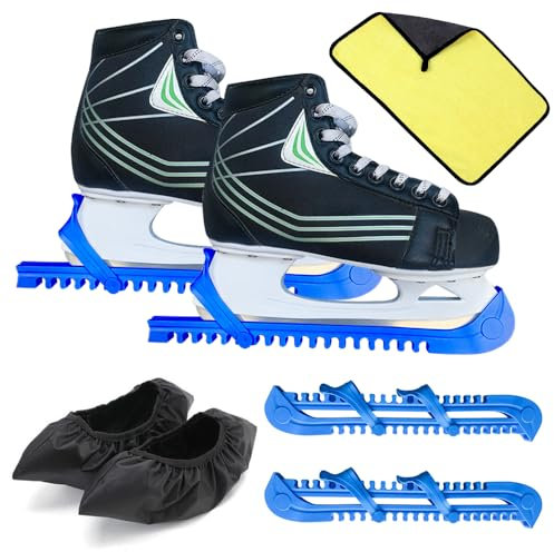 NAVESO Kufenschoner Schlittschuhe, Kufenschoner für Eishockey Schlittschuhe, 1 Paar Elastische Kufenstrümpfe+1Paar Verstellbar Schutz Kunststoff+Towel, Kufenschutz Zubehör für Damen Herren Kinde