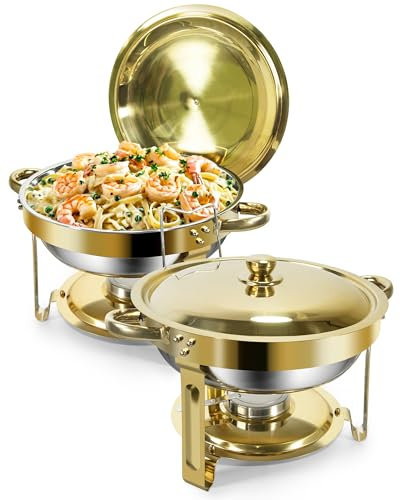 WENMILY Oro Chafing Dish Buffet Set 5L [Robusto, 2 recipientes Calientes de Acero Inoxidable [diseño de Borde Enrollable], Calentador de Alimentos para Catering Buffet y Fiestas