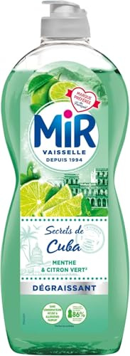 Mir Vaisselle - Secrets de Cuba - Menthe & Citron Vert - Expérience Complète et Unique -Pouvoir Dégraissant -Sans Conservateurs - Sans Allergènes Parfum - Respect de la Peau - Bouteille de 675ml