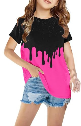 XINYUNZU Mädchen T-Shirt Leicht Mode Tee Shirt Rundhals Cute Top Sommer Freizeit Sportshirt Oberteile Kurzarm Bluse Elegant T-Shirts für Kinder Blitzangebote Pink 13 Jahre