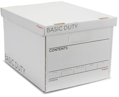 STAPLES Corrugated File Box Lift Off Lid, Letter/Legal Size, White/Black, 10/Pack