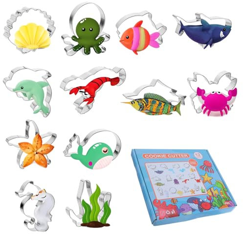 12 Pcs Ocean Creatures Cookie Cutters Set, Stainless Steel Metal Molds Biscuit Cutters Bake Mold for Kitchen Baking, Fruit Sandwich Pastry for Christmas Birthday DIY Valentine's Day Halloween