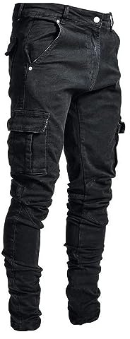 Pantalon Cargo Uomo Slim Taglio Elastico Jeans Elasticizzati Classici Multi - Tasche Pantalone Da Trekking Da Lavoro Comodo E Leggero, Nero , M