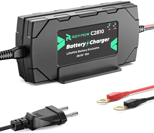RoyPow Caricabatterie LiFePO4, 10A, 28,8V, Caricabatteria di Mantenimento con Funzione di Attivazione per Batterie al Litio LiFePO4 da 24V per Auto, Camion, Moto, Tosaerba, Barche