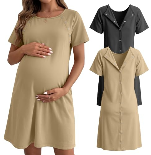 Huukeay 2 Pack Labor Delivery Nursing Hospital Gown Women's 35% Cotton Maternity Birthing Dress 3 In1 Breastfeeding Pajamas