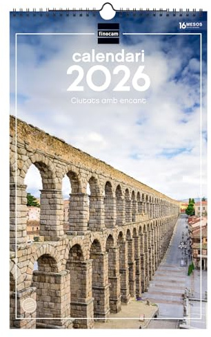 Finocam - Calendrier mural 2026 25 x 40 cm avec vue mois janvier - décembre 2026 + sept. - Déc. 2025 (4 mois) réduits | Calendrier 2026 | Images Villes - Catalan