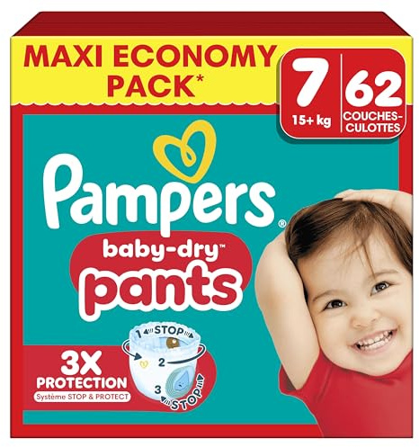Pampers Baby Dry Pants Taille 7, 62 Couches-Culottes, 15kg+, Maintien 360° Pour Aider À Éviter Les Bâillements et Les Fuites