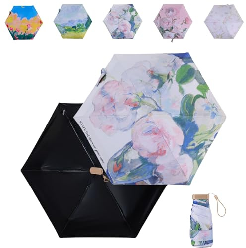 Tirimbeles Ombrello pieghevole da tasca da viaggio, ombrello a 6 aste, mini ombrello, protezione solare UV, compatto ed elegante, con custodia, ideale per viaggi e borse piccole, fiori blu, Mini