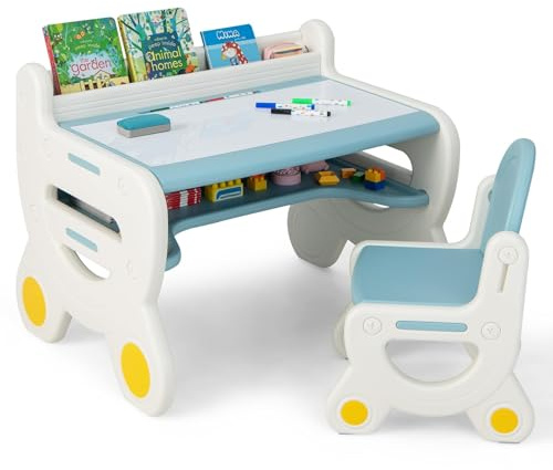 COSTWAY Barnbordsstolsset, barnsittgrupp med whiteboard, bokhylla och pennfack, barnbord med förvaringsutrymme, målningsbord för barn från 3 år (blå)