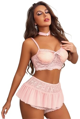 Satohom Women Sexy Lingerie Sets Floral Lace Bra Panty Mini Dress 4 Pieces Sheer Mesh String Underwear Sets Naughty Teddy Babydoll Nightwear See Through Hot Sleepwear Curvy Bedroom Nightdress Pink