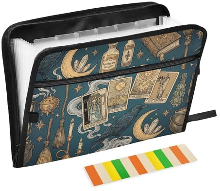 Mystical Occult Motif Pattern Expanding File Folder with Sticky Labels, 13 Pockets Accordion File Folder Document Organizer Expandable Zip File Folder with Zipper Closure