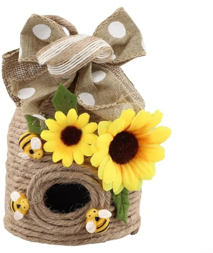 AugustknowU Hotel de abeja, casa de abeja, decoración hecha a mano de la colmena de la abeja de la cuerda del cáñamo con las abejas de madera, casa de abeja compacta para la bandeja escalonada o