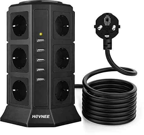 HOVNEE Regleta Vertical Enchufes de 12 Tomas Corrientes y 5 Rápida USB Tomas, Alargadora Cable de 2m con Protección y Interruptor, Base Múltiple, Tapón de Seguridad, 2500W/10A (17-EN-1)