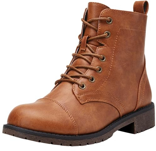 Vepose Women's Brown Lace Up Combat Ankle Boots Low Heel, Size 8, 910
