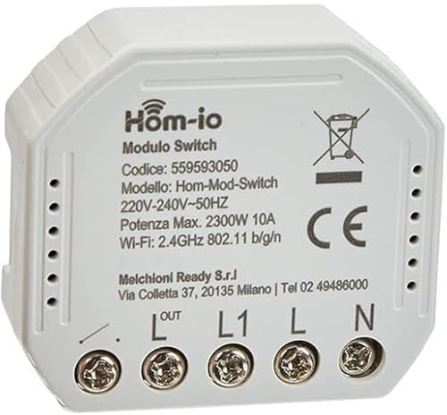 Hom-io | Modulo Switch da Incasso 10A, 1 Canale WiFi, Comandabile da App o Interruttore, Controllo Remoto Luce e Dispositivi Elettrici, Compatibile con Alexa e Google Home