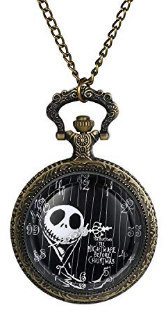 JewelryWe Halloween Taschenuhr Herren mit Schädel Skull Skelett aus The Nightmare Before Christmas, Quarz Analog Uhr mit Kette Halskette Geschenk