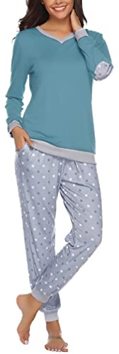 Irdcomps Pigiama Donna Cotone Invernale Pigiami Due Pezzi da Donna Inverno Lungo Set Pigiama da Notte Leggero Sleepwear e Négligé Blu Verde1 S