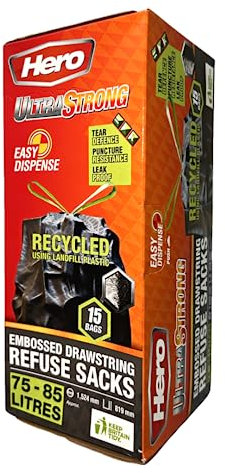 Hero Ultra Strong Black Drawstring Bin Bags 75–85L – 15 Extra Thick Tear-Resistant Refuse Sacks | Recycled Plastic Bin Liners for Home, Office & Commercial Use