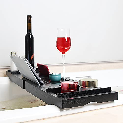 Vassoio estensibile per bagno, vassoio vasca da bagno in bambù naturale, supporto per asciugamano da bagno, bicchiere da vino, scaffale di lettura, supporto per tablet, 70-105 cm