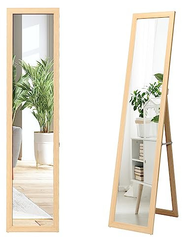 HOMASIS Specchio da Terra da Parete, Specchio da Pavimento a Figura Intera, Specchio Rettangolare da Appendere con Cornice in Legno, per Spggiorno, Camera da Letto, 37 x 50 x 148 cm (naturale)