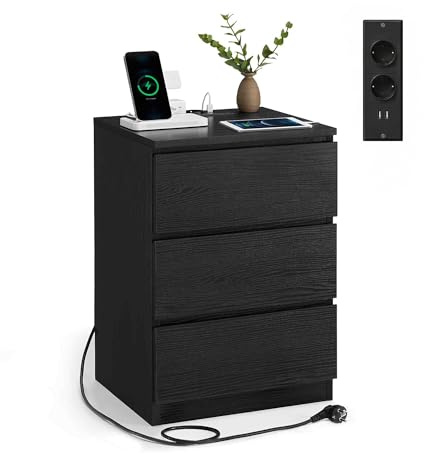 VASAGLE KAILYN Collezione - Comodino con Stazione di Ricarica, con 3 Cassetti, 2 Prese AC 2 Porte USB, per Soggiorno, Camera da Letto, Studio, Nero Ebano LET631B56