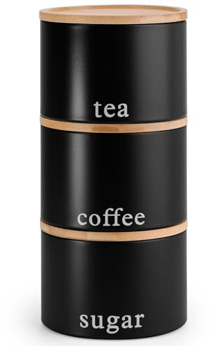 EHC Tea, Coffee, Sugar, Canister Set, Set of 3 Stackable Airtight Food Storage Easy to Open Storage Cansiters Jars Tin, Black
