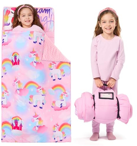 Joiedomi Tapis de Couchage pour Tout-Petits avec Oreiller et Couverture, Tapis de Couchage Enroulable pour Le Milieu préscolaire, pour garçons et Filles, Maternelle, Nuit de 3 à 7 Ans (Einhorn Rose)