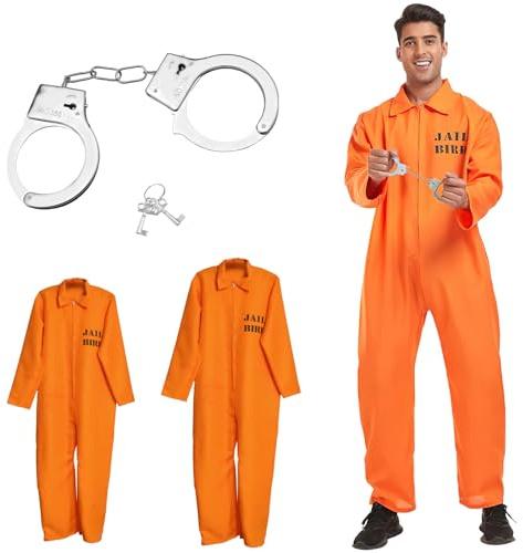 ZMDMAH fängelsedräkt orange med handbojor, unisex häftlingskostym, män, kvinnor, fångad kostym, stränder, fångad kostym, karneval, cosplay för stränder, fångade och rånare