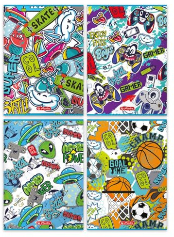 Herlitz® A4 skolbok 32 rutiga kort 70 g | ämnesanteckningsbok för studioanteckningar | studentskrivbok | för lärande kalligrafi | Urvalsmönster | Graffiti för barn, mix 4 omslag
