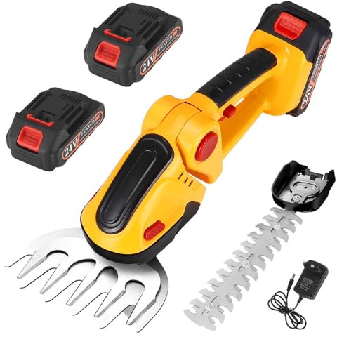 Cisaille à Gazon sans Fil, 2 en 1 Taille Haie Electrique avec 2 Lames, Longueur de Lame : 22 cm (Arbustes) / 13,2 cm (Herbe), Batterie 1500mAh et Type C, Sculpteur de Végétaux pour Couper Les Haies