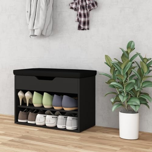Komtopod Black Shoe Storage Bench, 2 Tiers Shoe Organizer for Entryway, Shoe Rack with with Padded Seat Cushion, Small Shoe Cabinet Shoe Bench Slim for Entryway, Bedroom