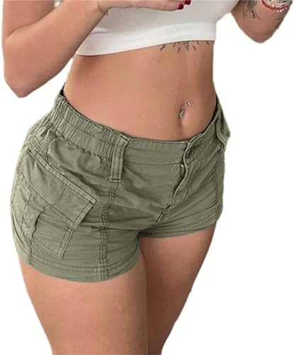 IWOLLENCE Pantalones cortos cargo de algodón para mujer, pantalones cortos Y2K de mezclilla de tiro bajo, pantalones cortos de verano con 2 bolsillos y cintura elástica, Ejercito Verde, S