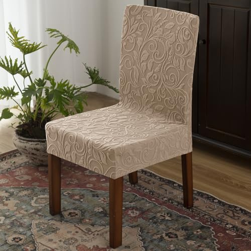 OKYUK Chair Covers, Dining Chair Covers Set of 4/6,Elastic Chair Protector Stretch Removable Washable Seat Covers for Dining Room Wedding Banquet Party Decoration（Embossed Dark Brown，4）