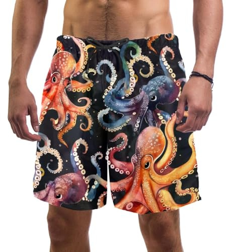 Men's Octopus Pattern Swim Trunks Swimming Shorts Board Shorts Quick Dry Surf Beach Shorts with Mesh Lining L Multicoloured