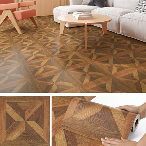 Livelynine Lino Sol Rouleau Effet Parquet Foncé 30x450CM Revetement de Sol PVC en Rouleau Lino Impermeable Dalle PVC Adhesive Sols Bois Marron Retro Carrelage Adhesif Sols Cuisine Salle de Bain Salon