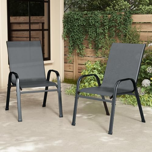 XIELOUS gartenstühle stapelbar 2er Set, balkonstühle gartenstuhl hochlehner, terrassenstühle mit Armlehnen und Metallgestell Wetterfest für Outdoor Garten Terrasse Balkon Restaurants (Grau)