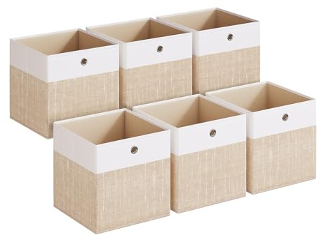 SONGMICS Scatole Portaoggetti, Set di 6, Contenitori in Tessuto, Pannelli in PP, Inodori, Pieghevoli, per Scaffale a Cubo, 30 x 30 x 30 cm, Bianco Nuvola e Beige Sabbia RFB430LF02