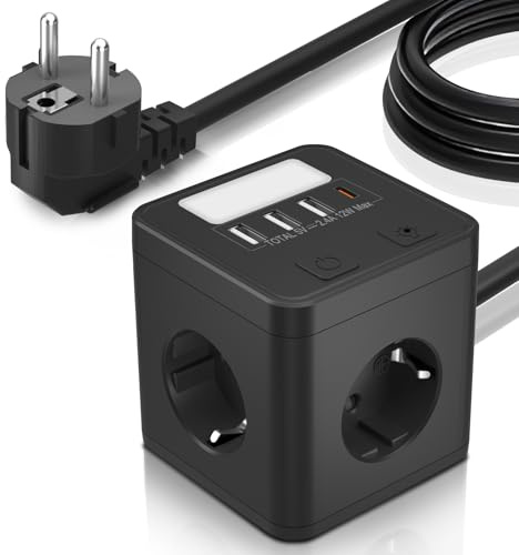 Grenuttag med USB C 20 W, Sixiol 4-Vägs Uttagskub med USB C och 3 USBA, Flera Uttag Kub 1,5 m med Nattlampa, Flera Kontakter med Strömbrytare för Resor Kök Kontor, Svart