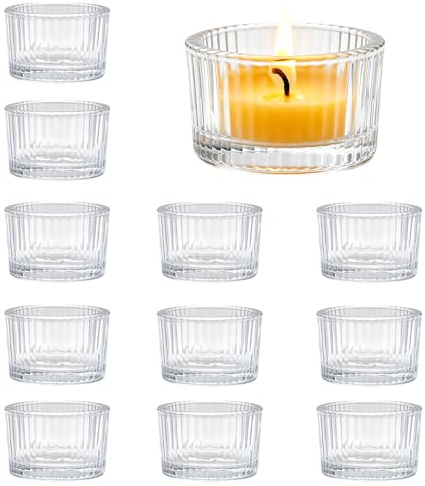 12PCS Tea Light Candle Holders, 2 Inch Clear Ribbed Votive Candle Holders - Clear Mini Tealight Cups for Wedding Centrepieces Chriatmas Birthday Parties New Year Home Decor