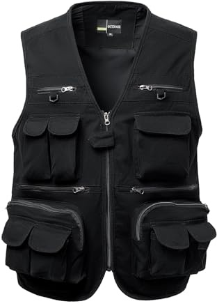 Oralidera Homme Gilet de Pêche Multipoches Léger Veste Sans Manche de Reporter Gilet de Chasse Photographie, Noir, M