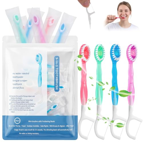 26 Cepillos de Dientes Desechables 5 en 1 Portátiles para Viaje, Mini Cepillo Portátil con Pasta de Dientes, Hilo Dental, Raspador de Lengua y Palillo, Envueltos Individualmente, Sabores Surtidos