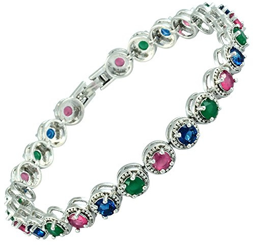 Rizilia Bracciale Tennis con Taglio Rotondo CZ [Simulata Multicolore] in 18K Placcato in Oro Bianco, [18cm/7inch]