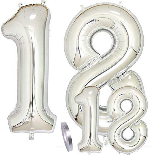 Luftballons Zahl 18 Geburtstag XXL Silber - Riesen Folienballon in 2 Größen 40 & 16 | Set XXL 100cm + Mini 40cm Version Geburtstagsdeko | Vier Zahlen | Ideal zum 18. als Deko
