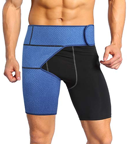 ANGGREK Mangas de compresión muslo y groin apoyo, protección muslo de neopreno para mujeres y hombres, vendaje muslo compresión correas ajustables, entrenamiento y curación más eficiente, talla única