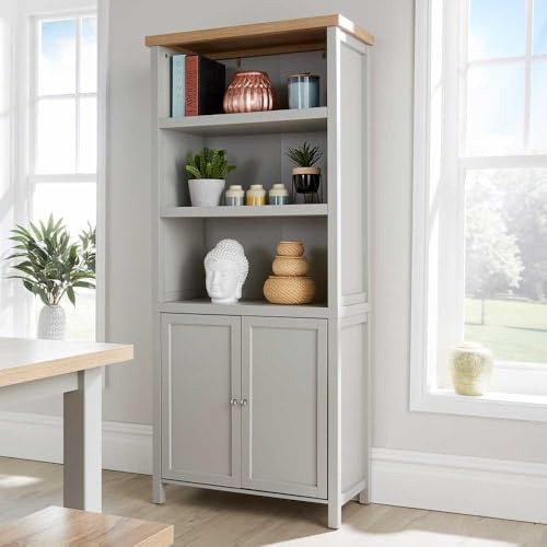 Home Source Tall Display Bookcase, 3 Shelf, 2 Door Storage Cupboard, Oak Effect, Grey