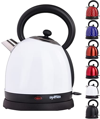Grafner Retro Wasserkocher 2200 Watt, 1,8 Liter, Edelstahl-Korpus, Wunschfarbe, entnehmbarer Kalkfilter, kabellos, Überhitzungsschutz, BPA-Frei, Cool-Touch, Wasserstandsanzeige (Weiß)