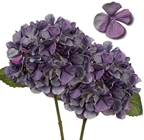 2 Piezas de hortensias Artificiales, flores artificiales con tallos de impresión digital falsa flor seca para decoración del hogar para cocina para sala de estar, oficina, planta púrpura y gris